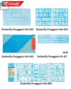 Gambar Butterfly Penggaris HA-430 Template mal cetakan sablon alphabetical huruf besar kapital dan angka merek Butterfly